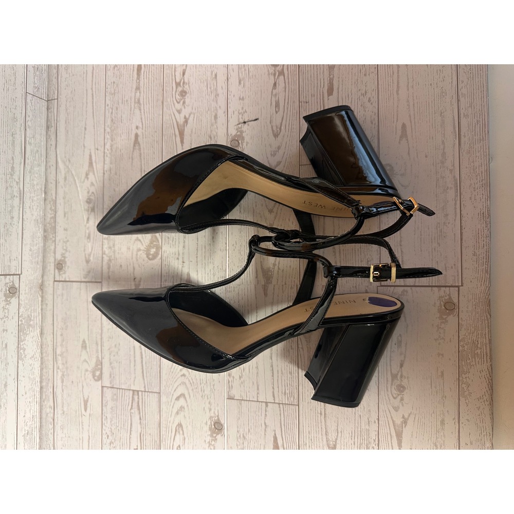 Nine West Womens Black Patent T-Strap Pointed Toe Block Heel Pumps Size 8.5M - Picture 3 of 8